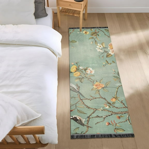 Vintage Chinese Bird and Flower Runner Area Rug 2x6 Soft Non-Slip Washable Bedside Carpet for Hallway Bedroom Living Room Home Decor