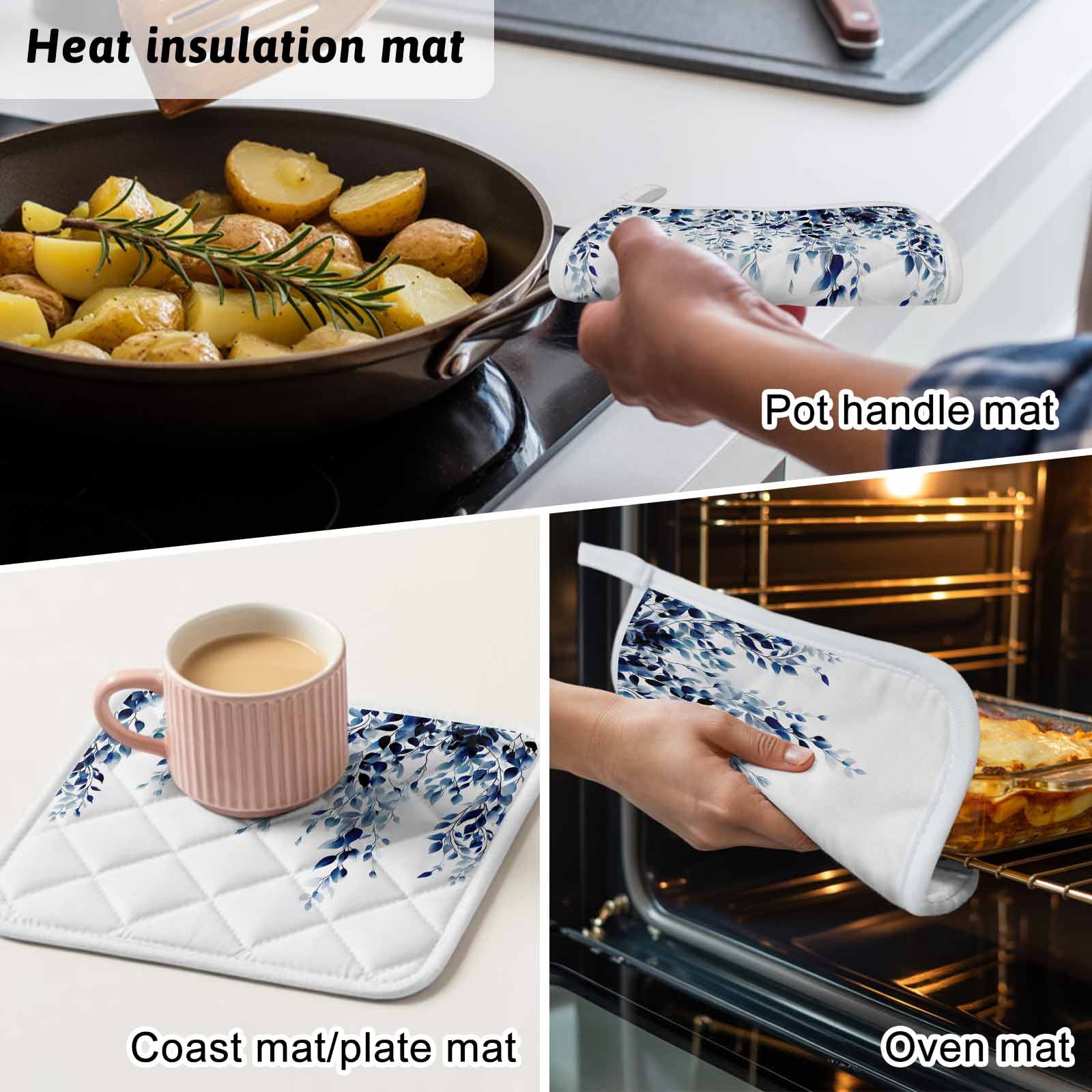 Blue Eucalyptus Pot Holders for Kitchen Heatproof Potholder, 4 Pack Weeping Botanical Leaf Watercolor Hot Pads Multipurpose Oven Pads Cloth Potholders Trivet for Cooking and Baking