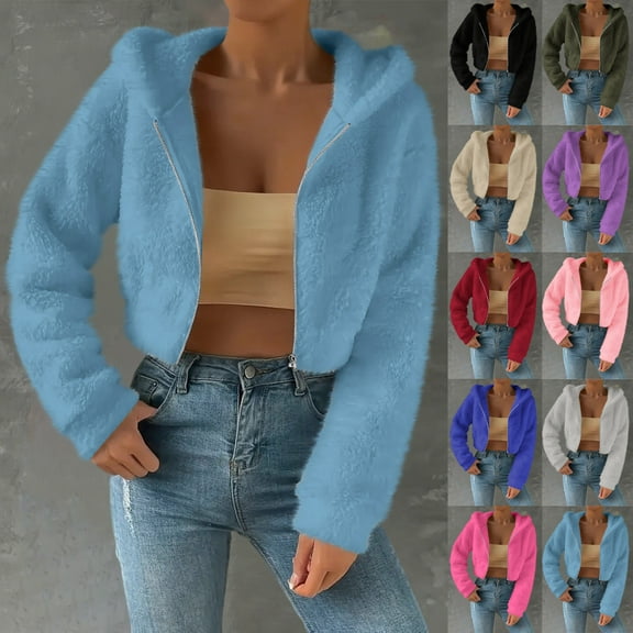 Women's Sherpa Fuzzy Cropped Jacket Casual Long Sleeve Zip Up Teddy Fleece Hoodies Coat Warm Winter Fluffy Outerwear