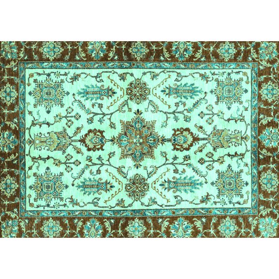 Ahgly Company Machine Washable Indoor Rectangle Oriental Turquoise Blue Traditional Area Rugs, 5' x 7'