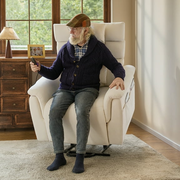 Power Lift Fabric Recliner Chair with Massage Heat and Adjustable Headrest for Elderly Beige