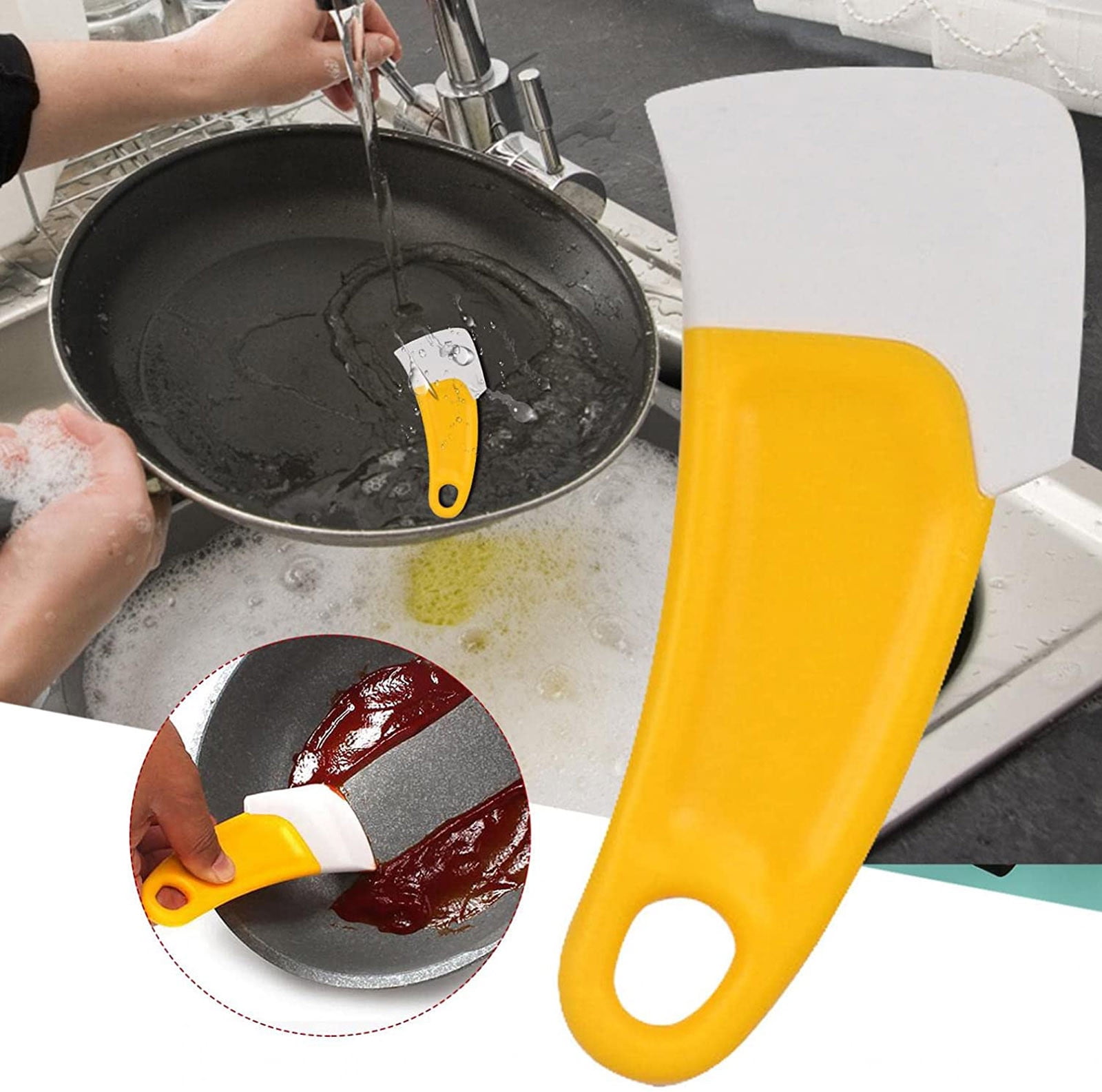 KitchenVIA 3pc Pan Scraper Tool, Non-Stick Scraping Edge, Easy Grip Shape, Safe on Pots, Pans, Glass, Stainless Steel, Iron, and Dishes