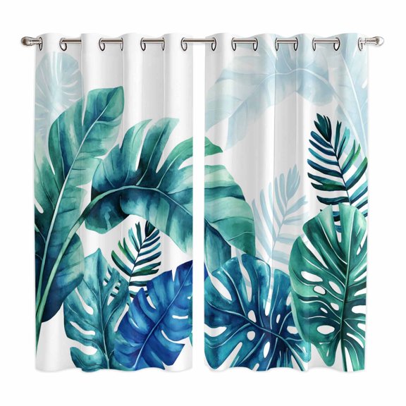 Blue Teal Leaves Kitchen Curtains Window Panels, Summer Botanical Watercolor Leaf Insulated Window Treatment Curtain, Grommet Curtains for Bedroom/Living Room/Bathroom, 2 Piece 42"Wx63"L