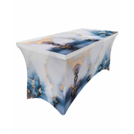 

Table Cloths for 6 foot Rectangle Tables Blue Gold Marble Abstract Modern Stretch Washable Fitted Tablecloth Protector Picnic Table Cover for Event Wedding Party Banquet