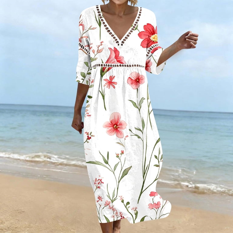 PRINxy Women's V Neck 3/4 Sleeve Large Floral Print Maxi Dress Eyelet Trim Cotton Linen Loose Casual Dress for Summer Beach Vacation Green L
