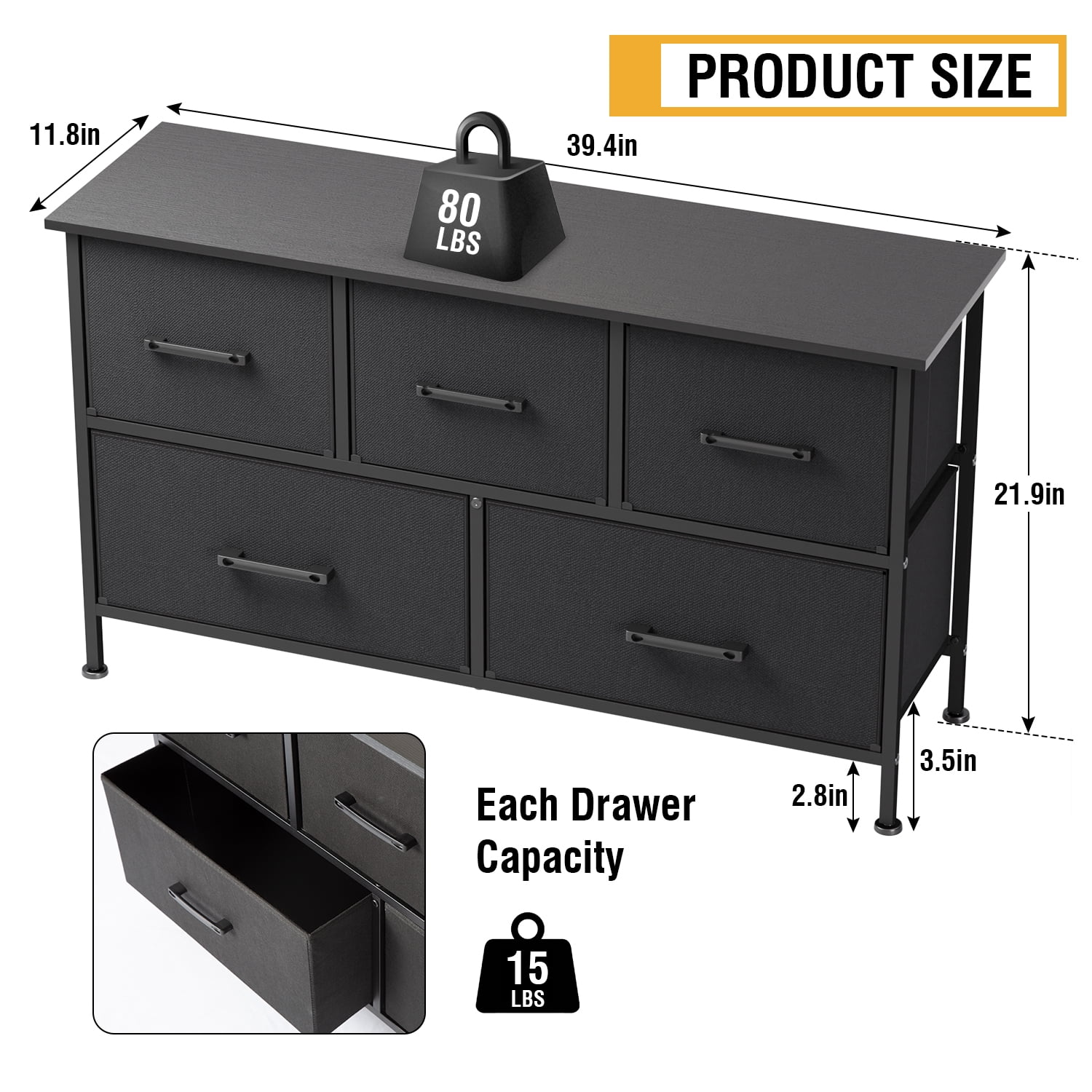 FDW 5 Fabric Drawers Dresser Modern Chest Organizer Black