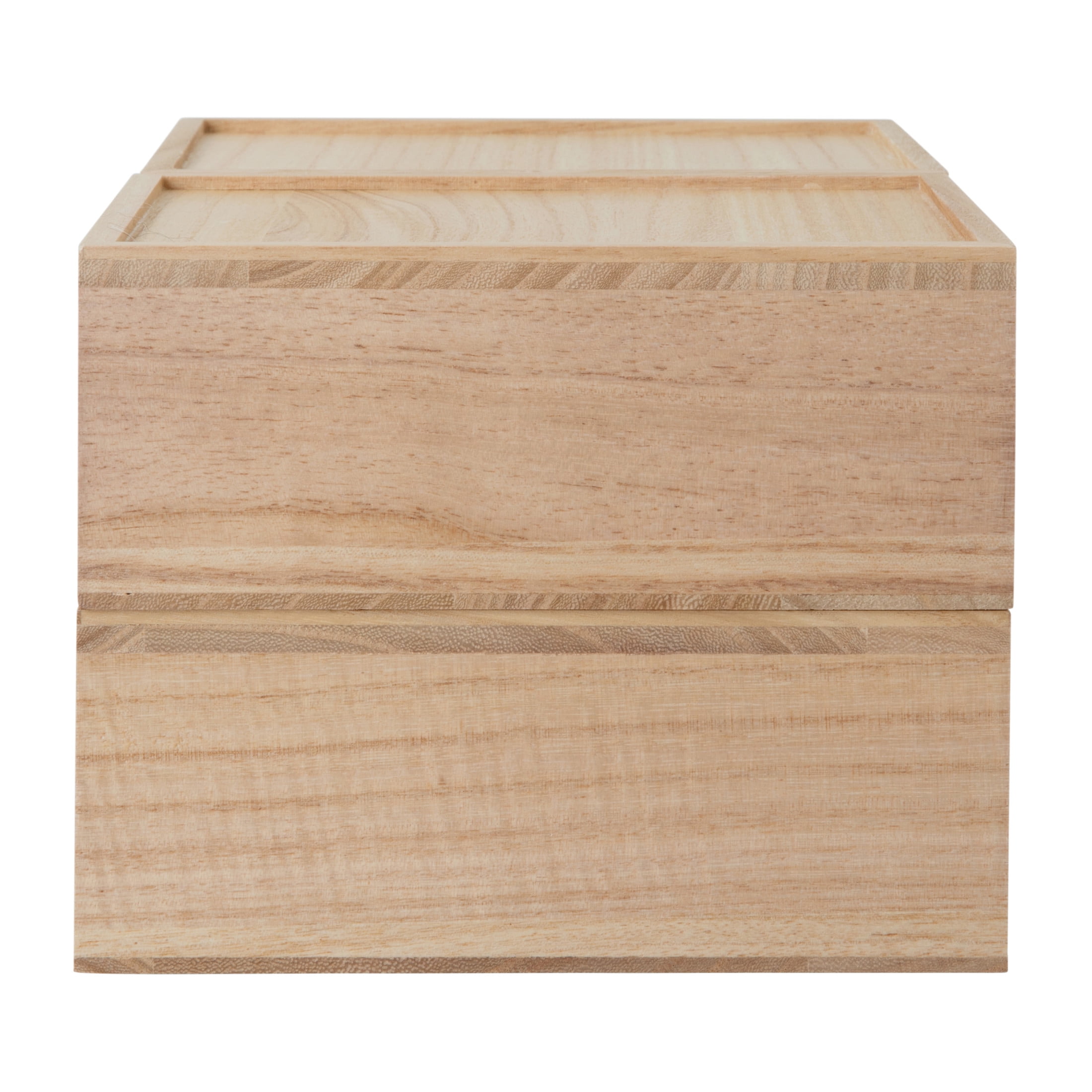 Martha Stewart Weston Stackable Light Natural Paulownia Wood Boxes with Drawers, Office Desktop Organizers, Set of 3