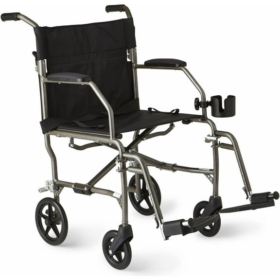 Medline Ultralight Transport Wheelchair, Permanent Desk-Length Arms & Swing Away Footrest, 19" Seat Width, Silver Frame