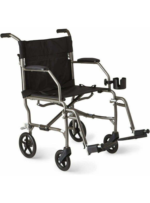 Medline Ultralight Transport Wheelchair, Permanent Desk-Length Arms & Swing Away Footrest, 19" Seat Width, Silver Frame