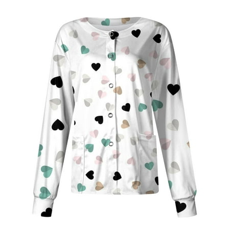 Image of Qwertyu Valentines Day Scrubs for Women Graphic Printed Long Sleeve Hearts Button Down with Pockets Scrubs Jacket Love Fitted Fun Petite Scrub Tops Women Print White M
