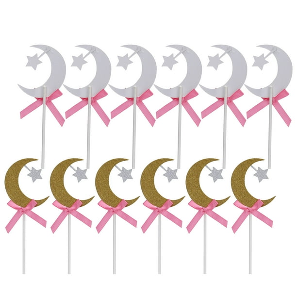 Cake 12 Piezas De Adorno Para Tarta Con Forma De Luna Dorada Y Estrella Con Lazo Rosa, Decoración Para Fiesta De Cumpleaños Y Boda