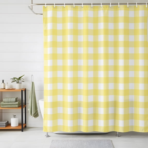 Shower Curtains for Bathroom, Yellow Plaid Waterproof Fabric Shower Curtain, Modern Minimalist Checkered Decorative Bathroom Curtain for Bathtub, 36"x72", No Hooks Included