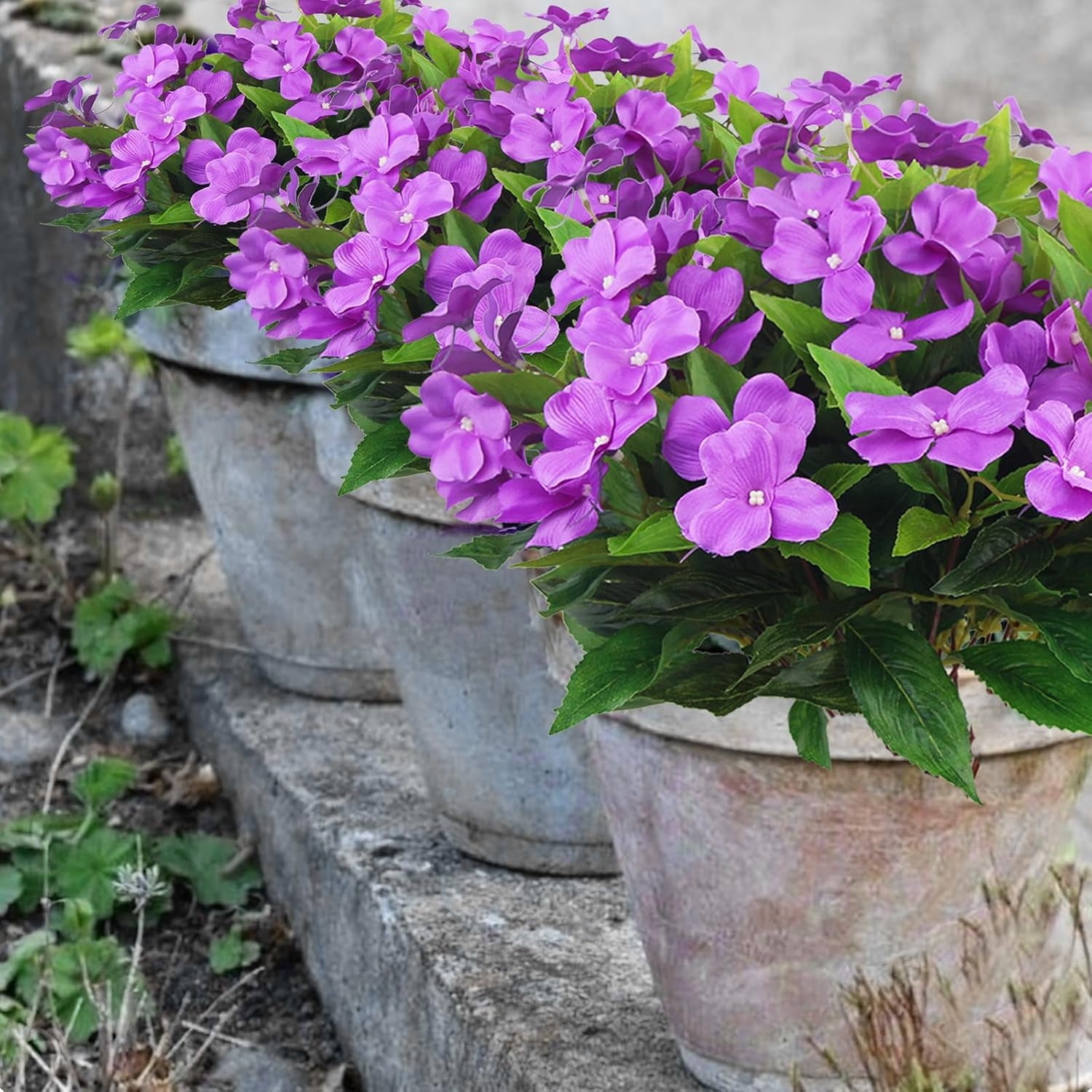 4 Pcs Artificial Flowers Impatiens Bushes Topboutique Silk Impatiens Flowers Faux Flower Greenery Bouquet Fake Flowers Plant for Wedding Home Patio Lawn Garden Porch Hanging Basket Decor, Purple