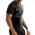 thumbnail image 3 of Men Shiny Leather T-Shirt, Glossy PVC Leather, Transparent Mesh, Plus Size Latex Short Sleeve Coat for Male, 3 of 6