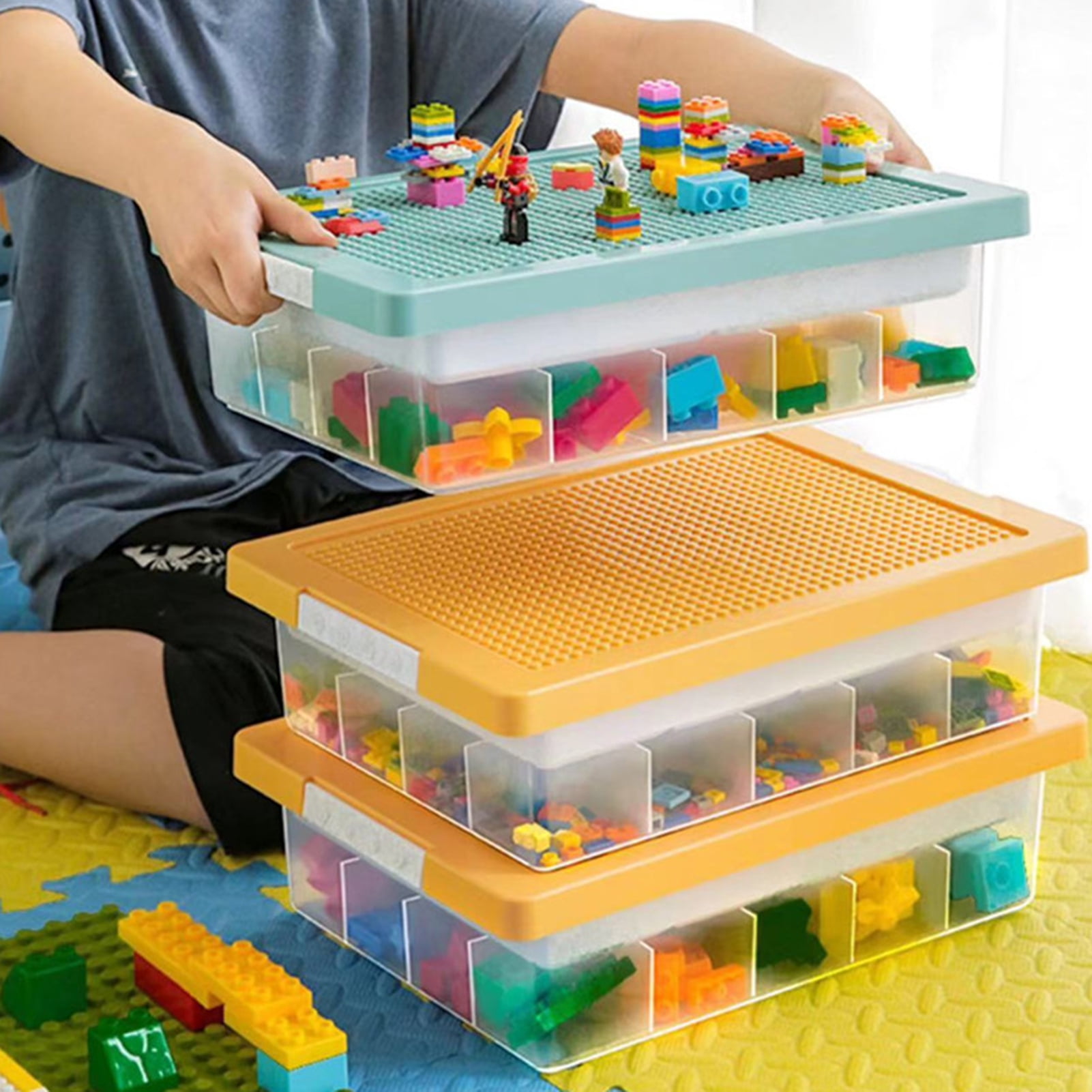 SUSUchens Building Block Storage Box with Removable Cover Multi Compartments Large Capacity Transparent Art Craft Storage Organizer Stackable Bins for Lego Yellow