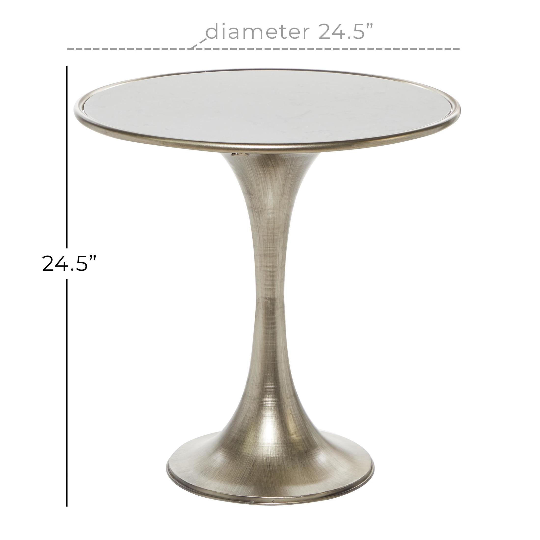 DecMode 25" x 25" Silver Metal Accent Table with White Marble Top, 1-Piece