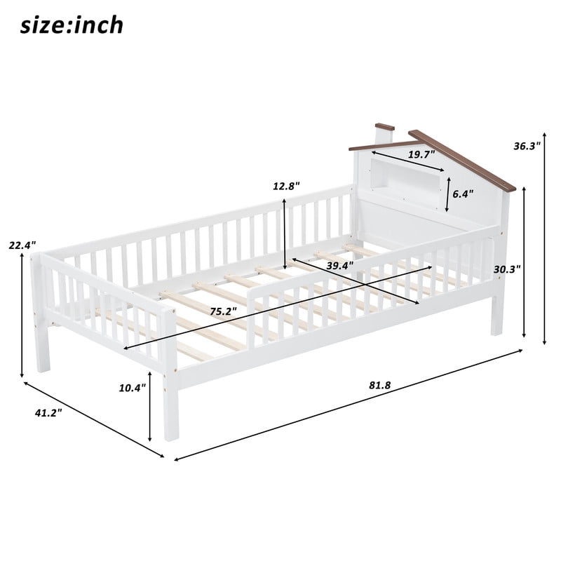 Bellemave Twin Bed with House-Shaped Headboard and Guardrail, Wood Platform Bed Frame Built-in Storage and LED Light, Twin Size Bed No Box Spring Needed (White)