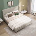 thumbnail image 3 of King Size Platform Bed Frame with Linen Fabric Upholstered Headboard and Wooden Slats Support, Fully Upholstered Mattress Foundation/No Box Spring Needed/Easy Assembly, Beige, 3 of 9