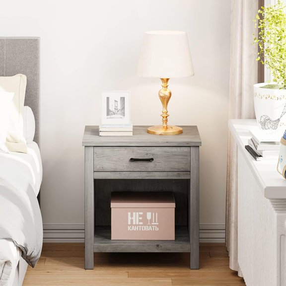 Farmhouse Nightstand with Drawer and Shelf, Rustic Gray End Side Table for Bedroom, Living Room, or Small Spaces