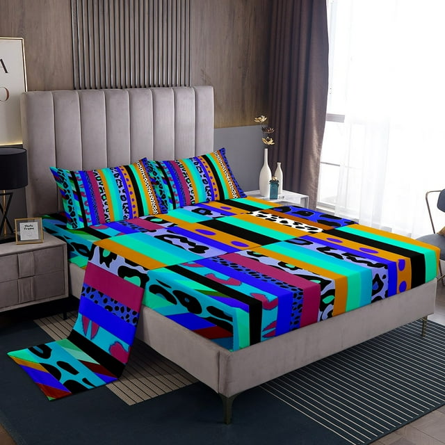 Erosebridal Leopard Print Sheet Set Twin, Geometry Stripe Bedding Sets Twin Size, Animal Decorative 3pcs