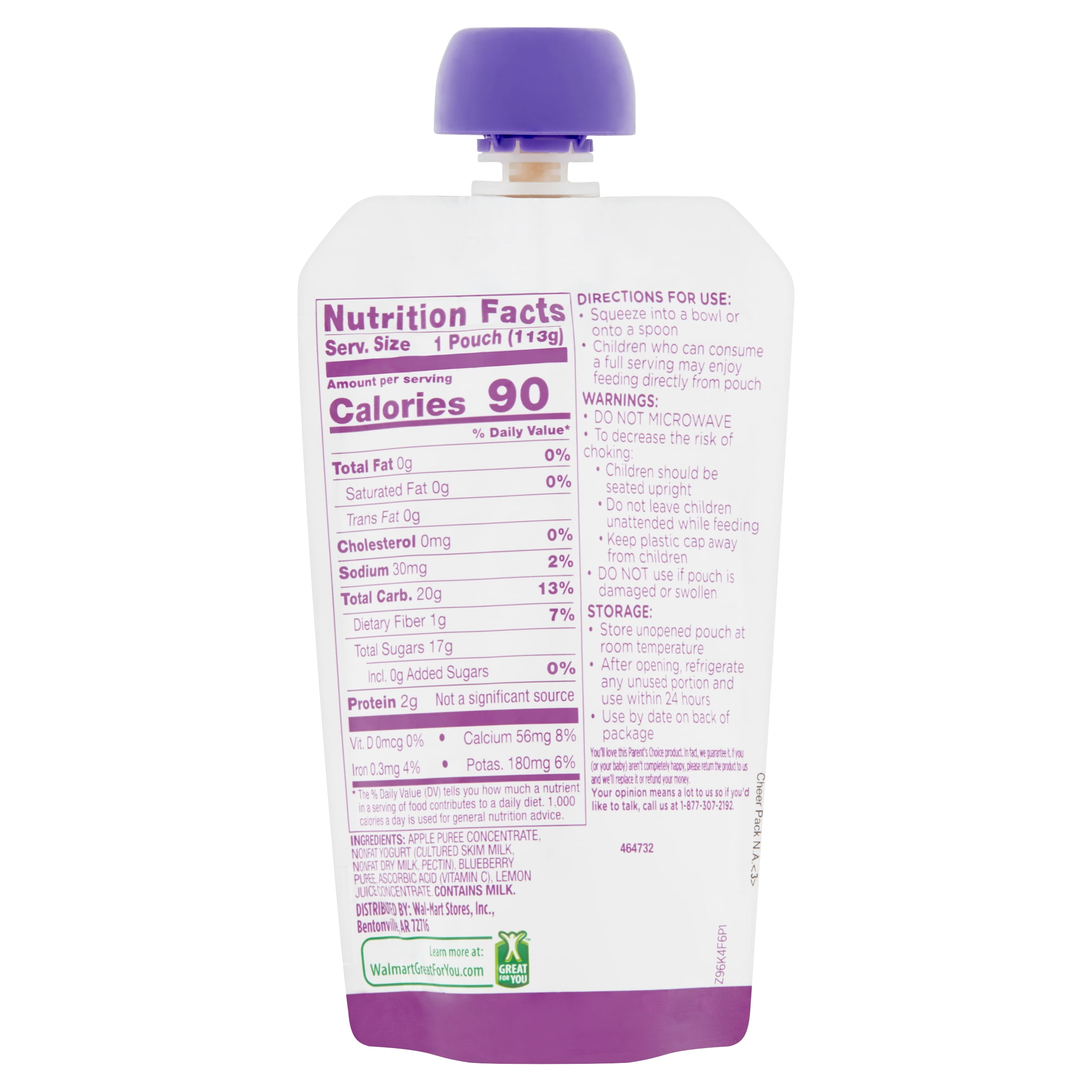 Parent's Choice Natural Toddler Food, Blueberry Apple Yogurt Baby Food, 1 Pouch (113g) Pouch