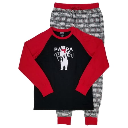 Mens 2-Piece Black & Gray Fair Isle Papa Bear Christmas Sleepwear Pajama Set M
