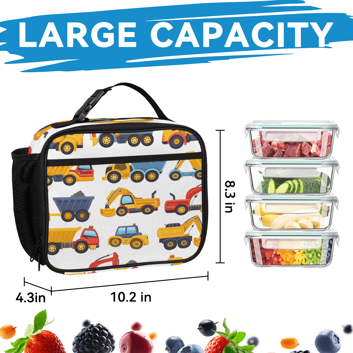 Herdesigns Tractors Trucks Excavator Large Backpack Set with Lunch Box Lightweight Water Resistant Travel Laptop Backpacks Casual Daypacks for Women Men