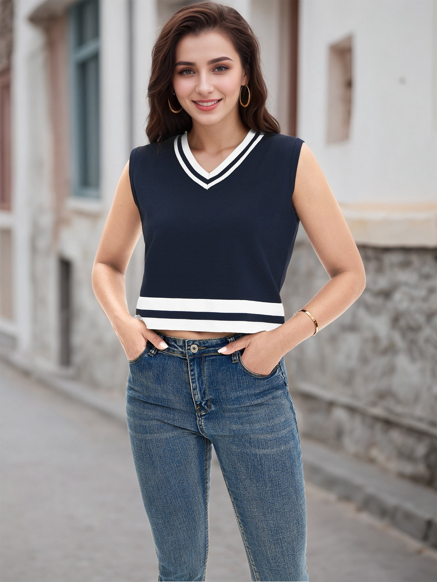 DARING DIVA Women's Cropped Sweater Vest Summer Tank Tops S Dark Blue White