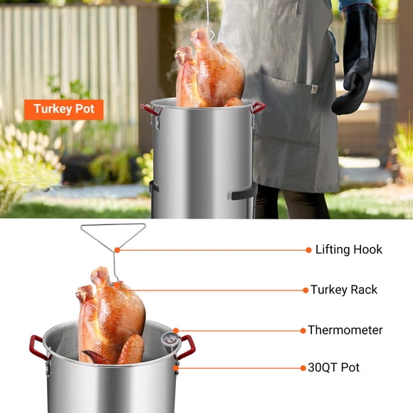Friteuse à Dinde pour l'Extérieur, Friteuse Profonde en Aluminium 30 Qt pour Faire Bouillir les Fruits de Mer, Contrôleur 0-5 PSI, Injecteur de Viande, Thermomètre, Support au Propane pour Dinde Poisson Homard Écrevisse