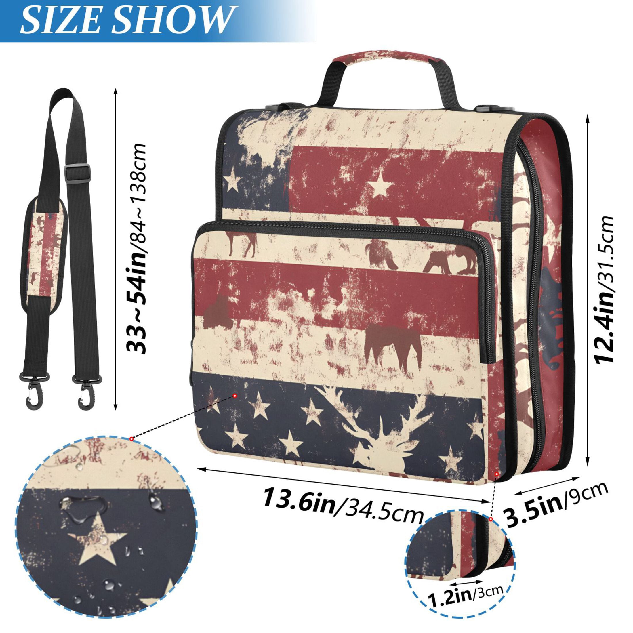 3 Ring Zipper Binder with Shoulder Strap Waterproof Trapper Keeper 2 Inch D-Ring 500 Sheets Capacity American Flag and Animals