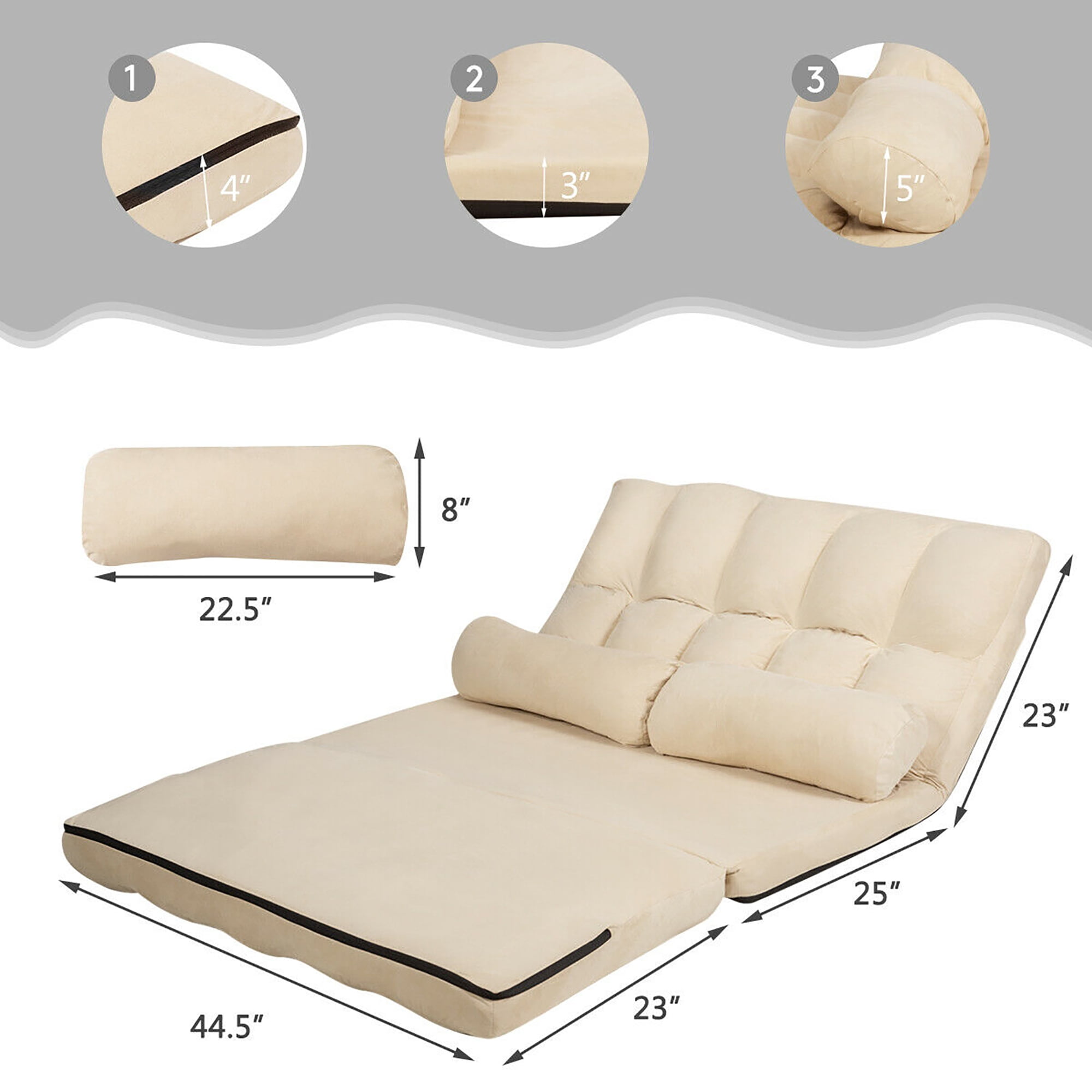5 Positions Adjustable Floor Sofa and Couch with 2 Pillows for Living Room/Bedroom/Balcony Beige Folding Floor Couch Bed Floor Sofa Bed for Adults 