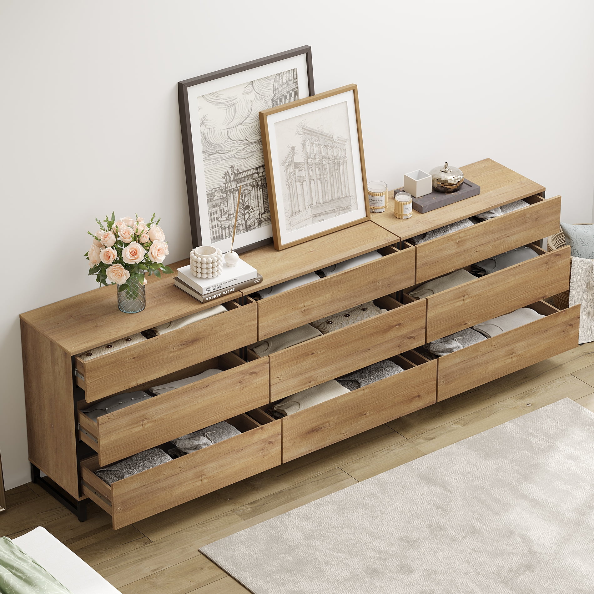 WAMPAT 9-Drawer Modern TV Stand with Concealed Handles & Metal Base,Entertainment Center for TVs up to 100 Inch, Media Console for Living Room & Bedroom
