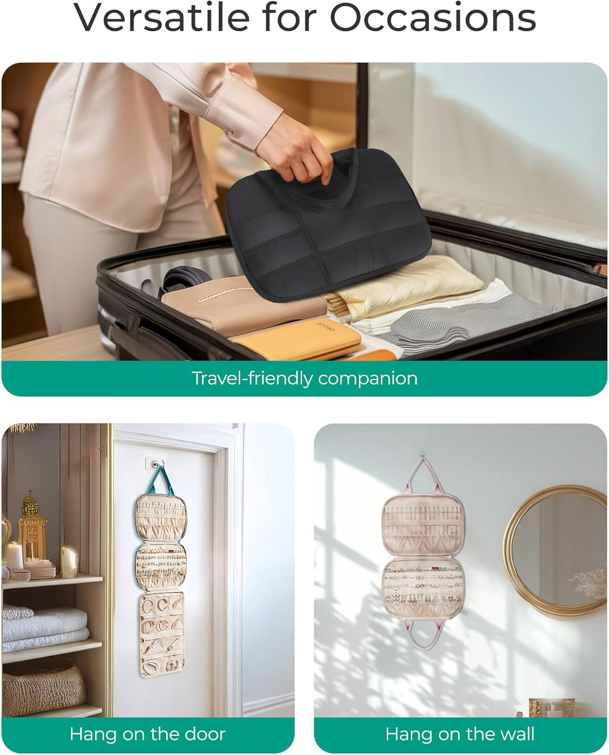 CUKIXA Travel Jewelry Case, Hanging Jewelry Organizer with Zipper Pockets, Large Capacity Puffy Jewelry Roll for Earrings, Necklaces, Rings on Closet, Wall, Door, Portable Travel Essentials, Green