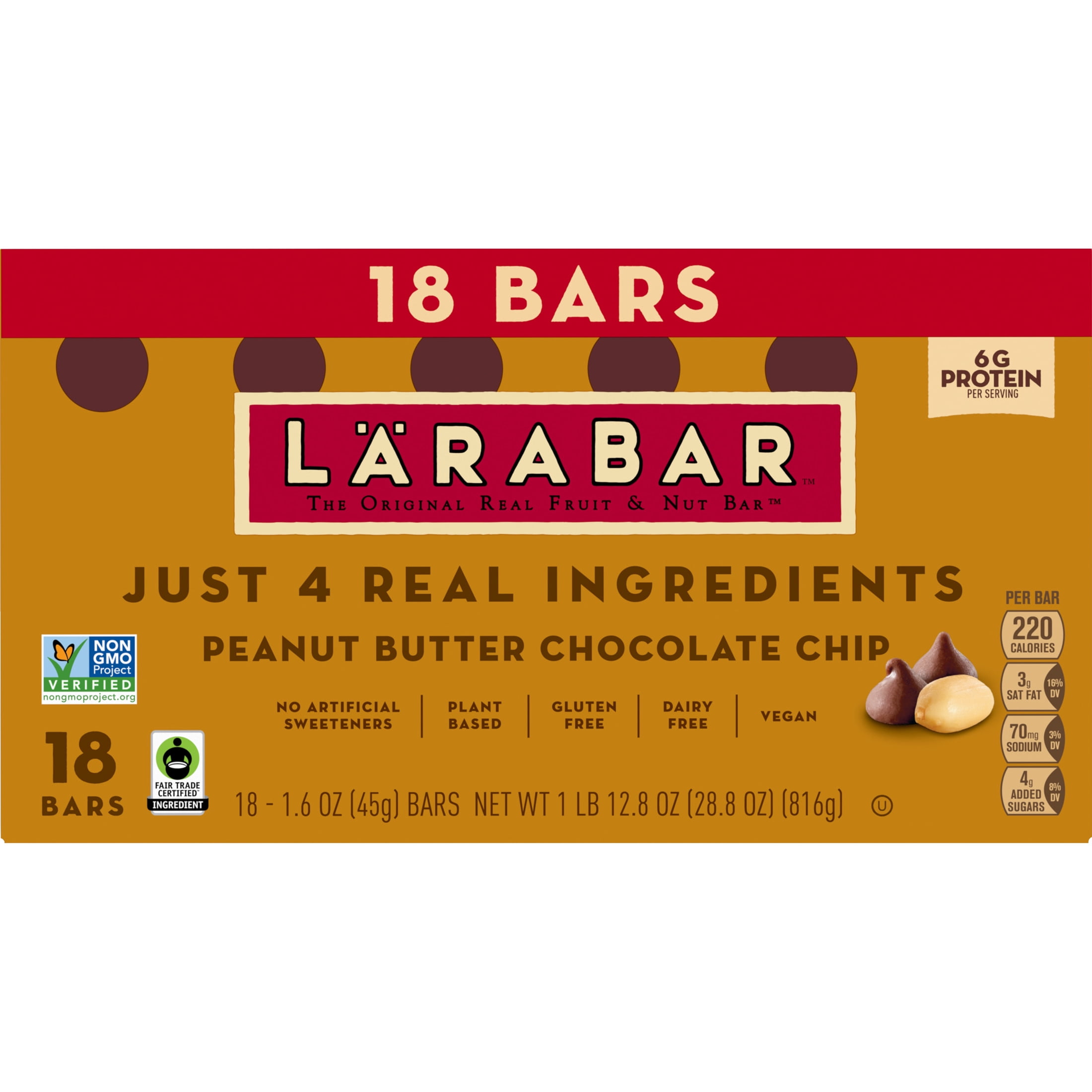 (4 pack) Larabar Peanut Butter Chocolate Chip, Fruit and Nut Bars, Gluten Free, Vegan, 18 Count, 28.8 oz