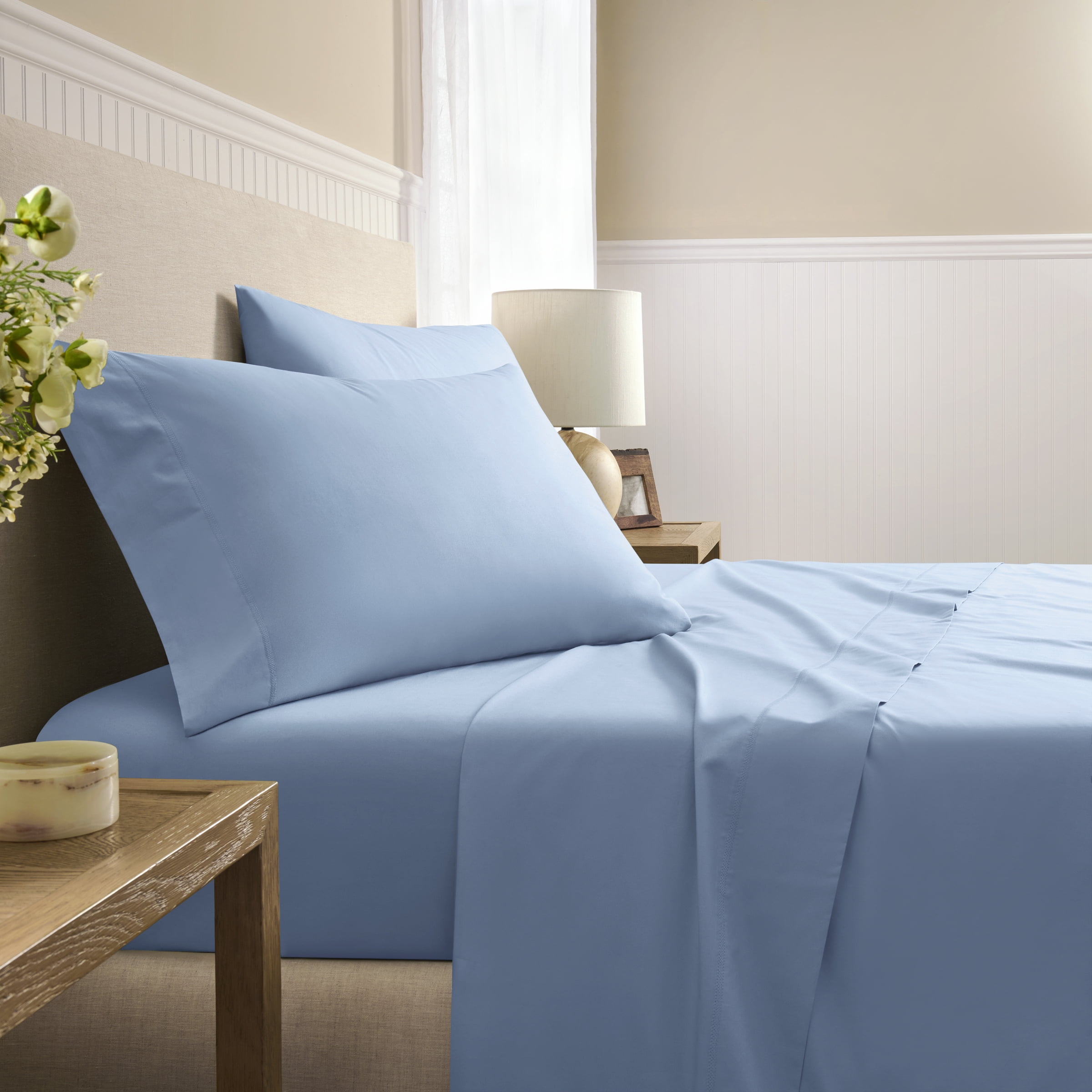 Wamsutta 1846 4-Piece 400 Thread Count Faded Denim Egyptian Giza Cotton Percale Bed Sheets, King-Deep Pocket