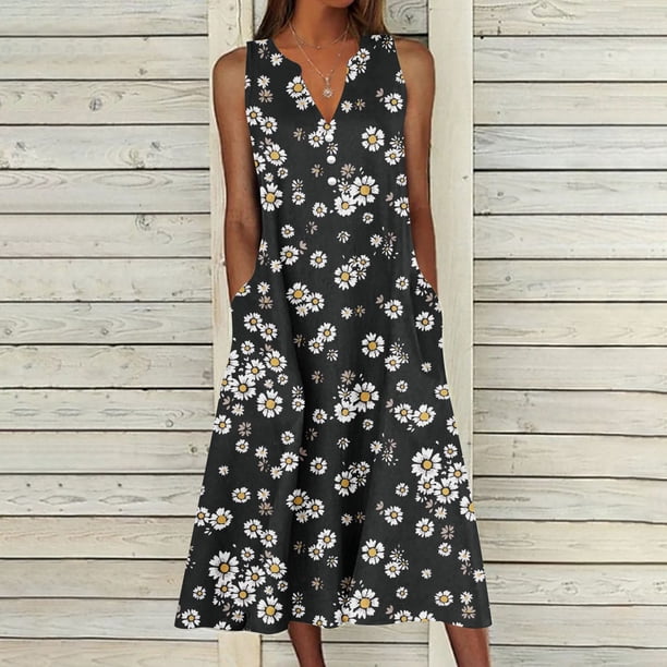 Puntoco Vestidos Mujer Verano Diseño De Verano Vestido Casual Gradual Sin Mangas Cuello V-Cuello Vestido Largo