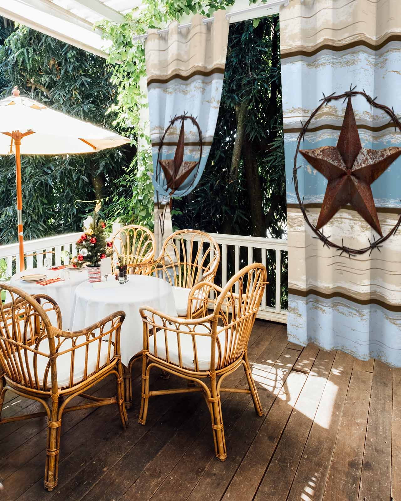 nqOlkjepod Outdoor Curtains for Patio Waterproof, Beige Blue Star Outdoor Privacy Panels Grommet, Texas Star Wooden Retro Blackout Outside Curtains for Porch/Cabana/Pergola/Gazebo 54"x108", 2 Panels