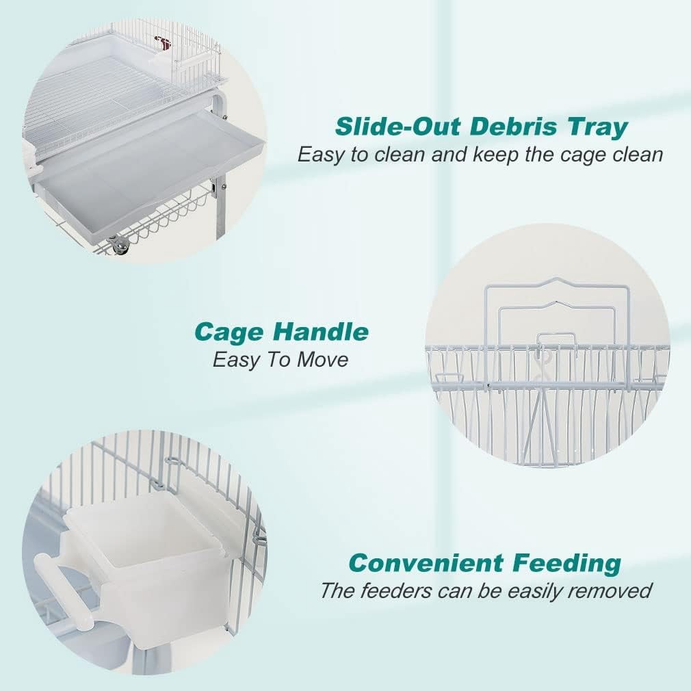 CL.HPAHKL 64-inch Large Bird Cage Play Open Top Design, Metal Parakeet Cage with Rolling Stand & Bottom Tray for Parakeet Lovebirds Ringneck Cockatiels Parrot Cage, White