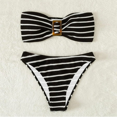 Babysbule Womens Two Piece Swimsuit Women s Fashion Stripe Color Matching Split Bikini Sets Solid High Waist Beachwear Set