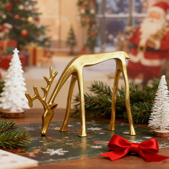 Reindeer Statues Imitation Metal Deer Sculpture, Gold Finish European-Style Modern Decorative, Christmas Tabletop Ornaments for Mantel Fireplace Living Room Bedroom Home Decor (Looks Down)