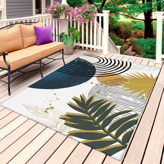 Boho Middle Century Outdoor Rug for Patio/Deck/Porch, Non-Slip Large Area Rug 4 x 6 Ft, Navy Blue Yellow Abstract Sun Modern Indoor Outdoor Rugs Washable Area Rugs, Camping Rug Carpet Runner