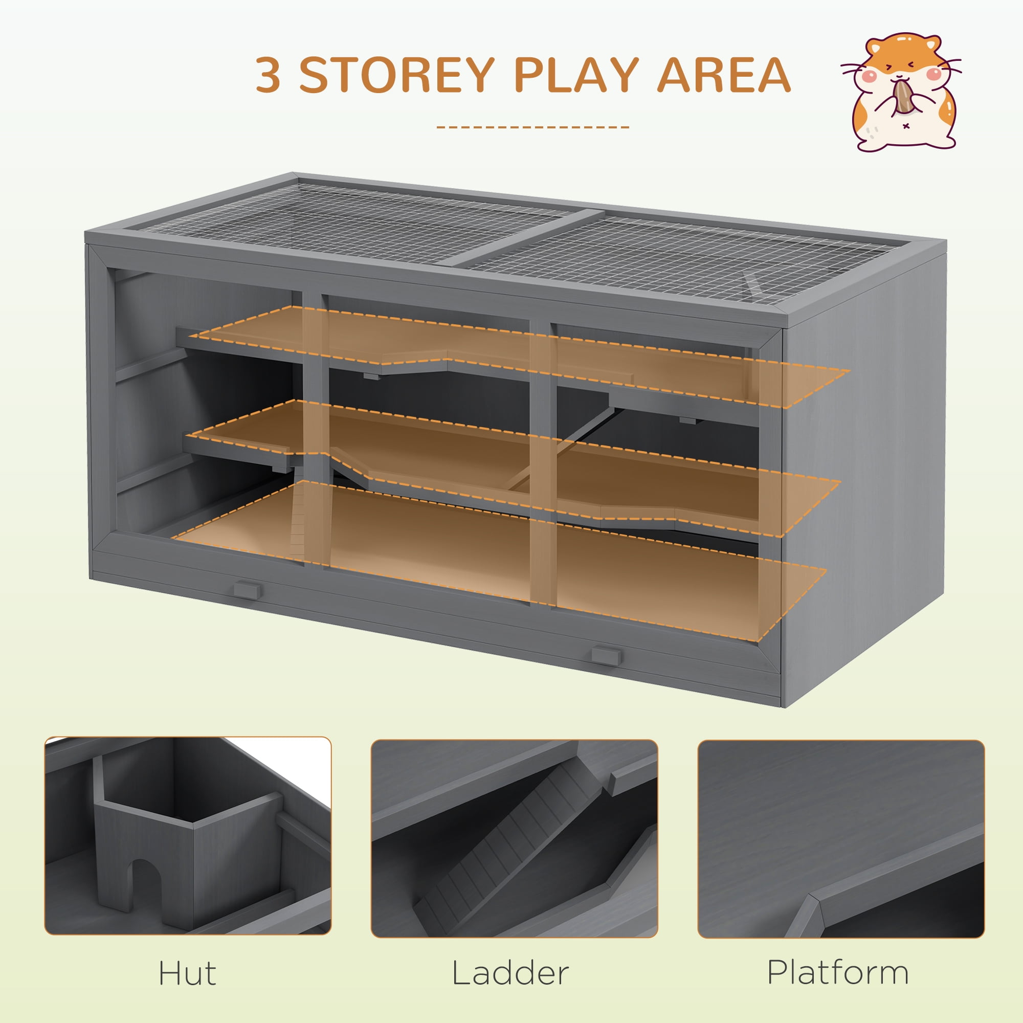 PawHut Extra Large Wooden Hamster Cage, Gerbil Cage, and Other Small Animal Habitat, Hamster Habitat with Opening Roof, Hut, Ramps, Gray