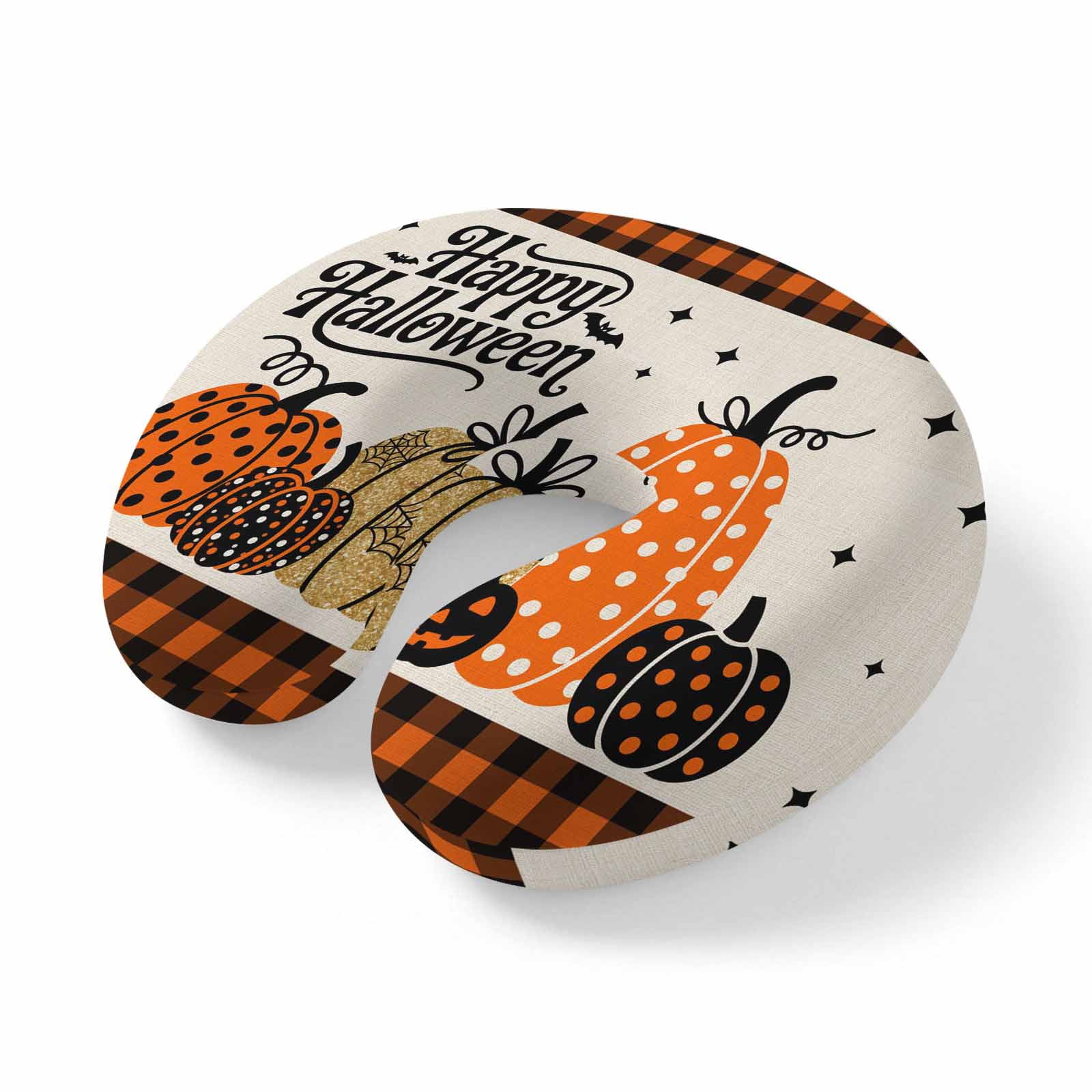Neck Pillow for Travel Happy Halloween Abstract Pumpkin Memory Foam U Shaped Pillows Portable Headrest Orange Black Check Linen Neck Head Support Cushion for Home Office Car Airplane Sleeping