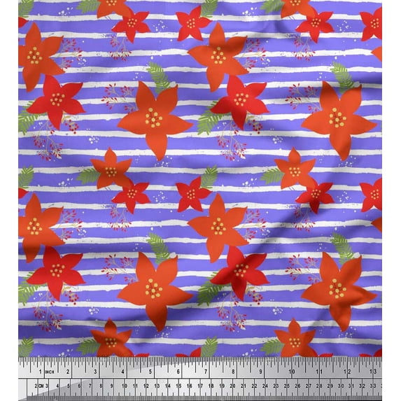 Soimoi Cotton Duck Fabric Stripe,Leaves & Camellias Floral Print Fabric by the Yard 42 Inch Wide