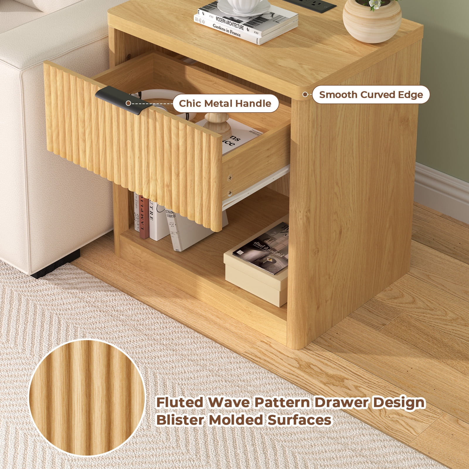 Hommpa Nightstand, Fluted Bed Side Table with Charging Station, Modern End Side Table for Bedroom Furniture Living Room Sofa, Night Stand with Storage Drawers and Large Open Shelf