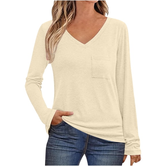 YUGYXL Women's Fall Long Sleeve Tops Casual Loose V Neck Tunic Tee Shirts with Pocket Beige XXL