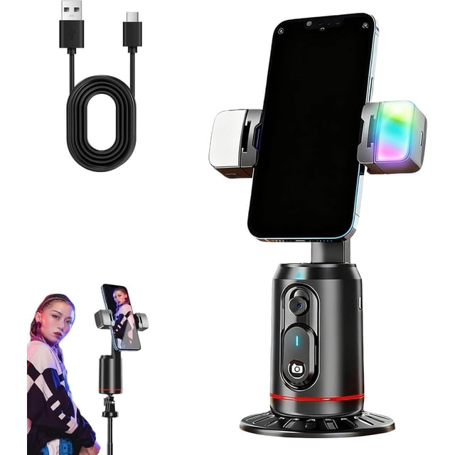 Built-in AI Camera Smart Auto-Tracking Phone Stand, 360° Rotating Auto Tracking Phone Stand, AI Gesture Control, for Vlog Shooting, and Streaming (Pro Version - 2 Fill Lights)