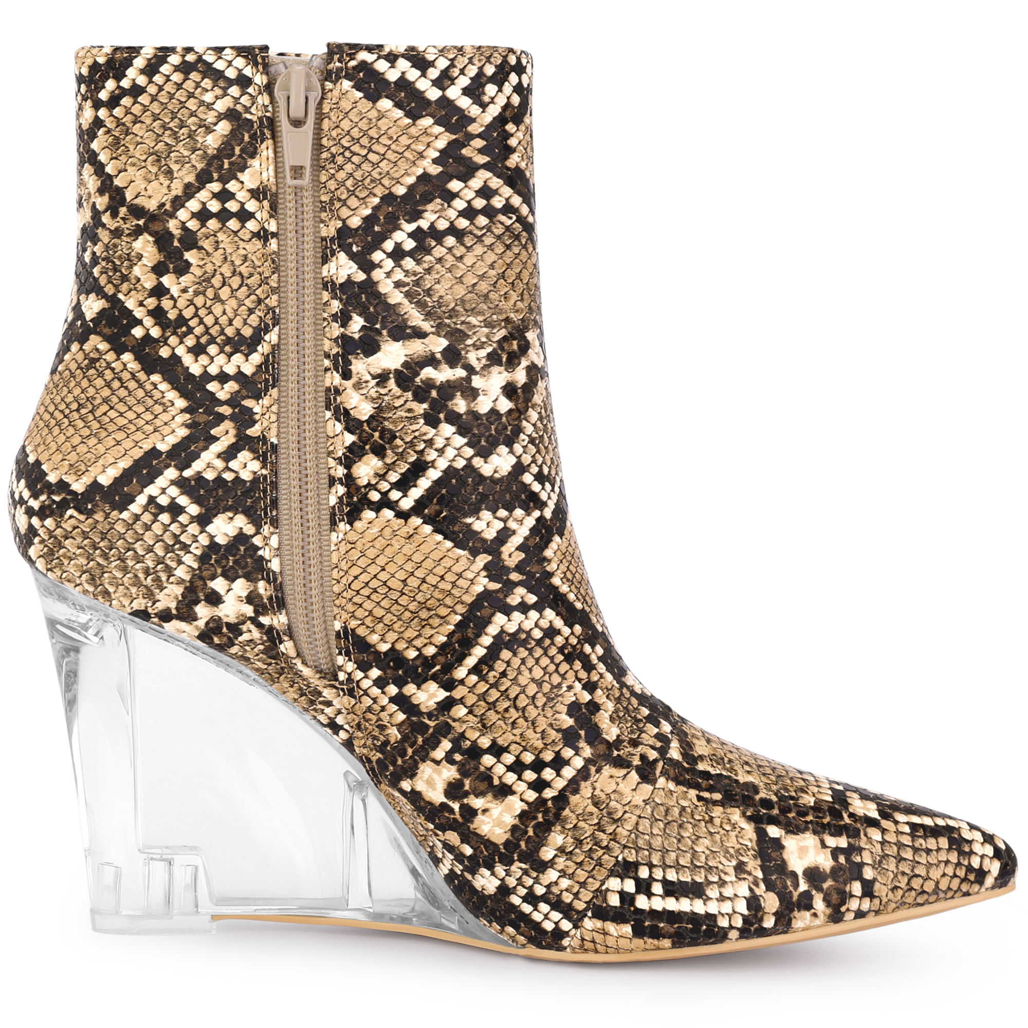 DARING DIVA Women's Pointed Toe Wedge Clear Heels Ankle Boots Brown US 9