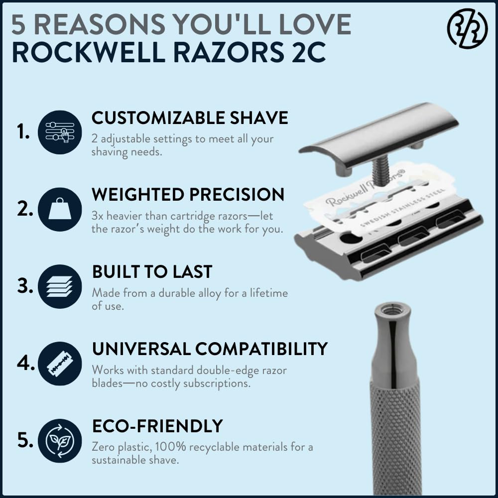 Rockwell Razors 2C Adjustable Double Edge Safety Razor for Men with 5 Razor Blades, Gunmetal Chrome
