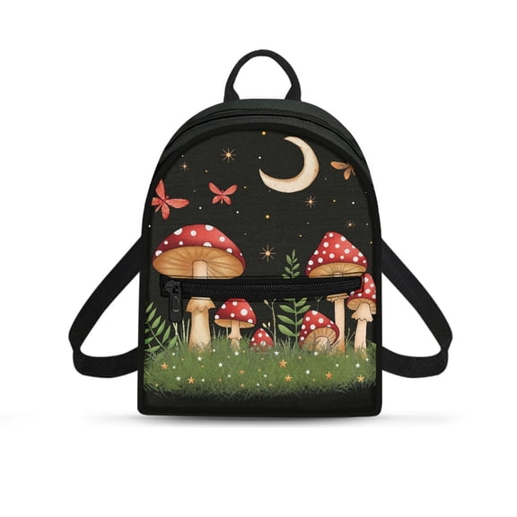 HELLHERO Mushroom Moon Small Backpack, Mini Polyester Backpack with Zipper Closure, Adjustable Strap for Women Mom Shopping Daily Work